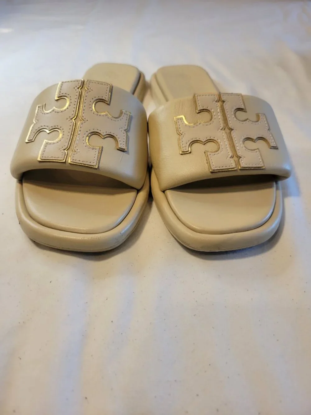 Tory Burch Double T Leather Slide Sandals Cream Beige Gold Logo Size 7